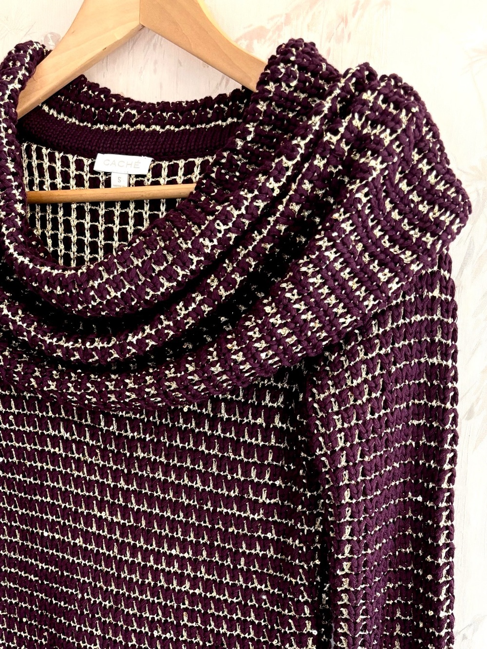 Vintage Caché Chunky Knit Purple Metallic Gold Cowl Neck Sweater S